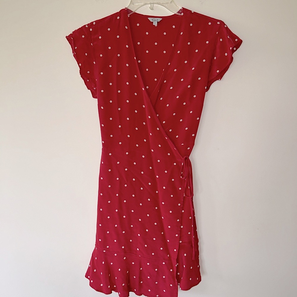 Rails wrap style, deep pink, silk polka dot dress, size small, EUC